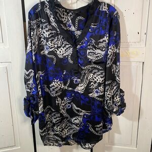 AB‎ Studio Baroque Silky Blouse Top Size L V Neck Blue Black Business Casual